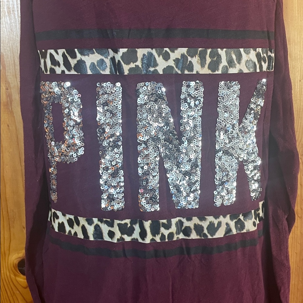 Victoria's Secret Pink Maroon Top cheetah print sparkly long sleeve top medium - Picture 3 of 7